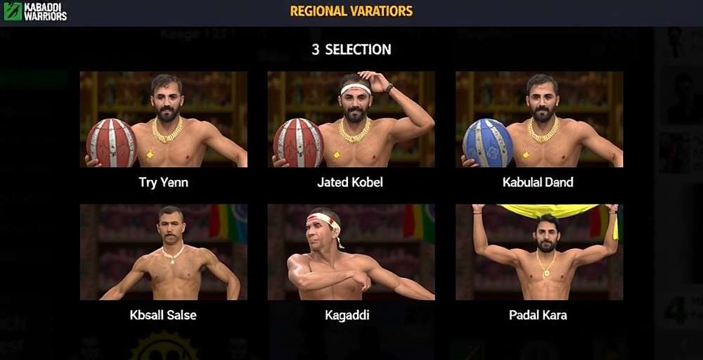 Kabaddi Warriors Regional Modes Kabaddi Warriors regional variation selection screen showing different Indian kabaddi styles