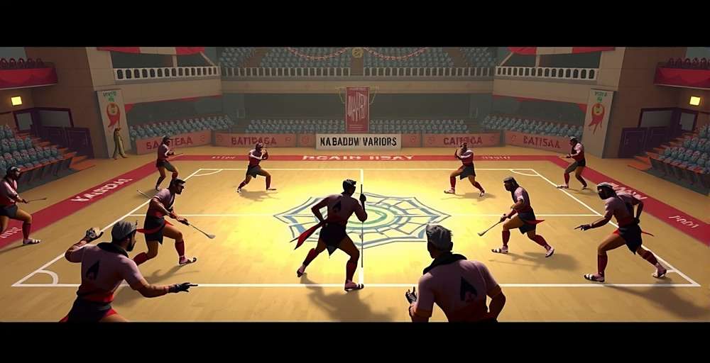 Kabaddi Warriors Gameplay Kabaddi Warriors gameplay showing a raider attempting to tag defenders in an Indian stadium